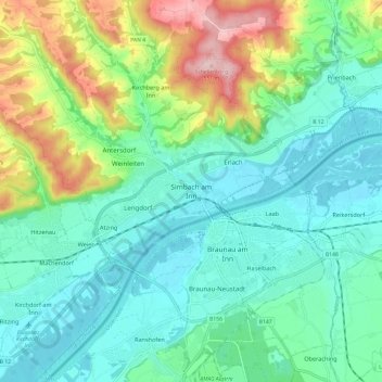 Mapa topográfico Simbach am Inn, altitud, relieve