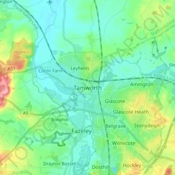 Mapa topográfico Tamworth, altitud, relieve