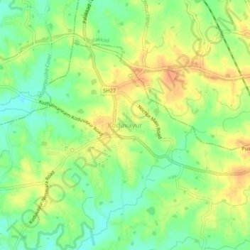 Mapa topográfico Koduvayur, altitud, relieve