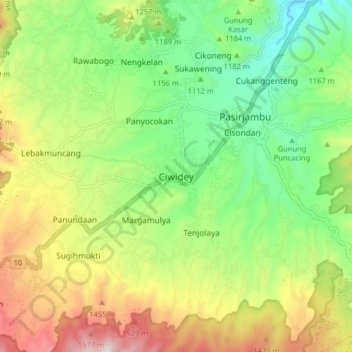 Mapa topográfico Ciwidey, altitud, relieve