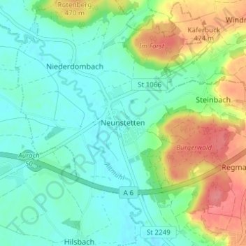 Mapa topográfico Neunstetten, altitud, relieve
