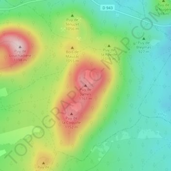 Mapa topográfico Puy de Jumes, altitud, relieve