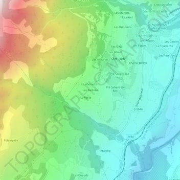 Mapa topográfico Les Tardons, altitud, relieve