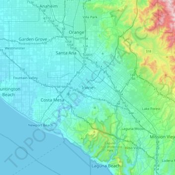 Mapa topográfico Irvine, altitud, relieve