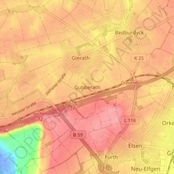 Mapa topográfico Gubberath, altitud, relieve