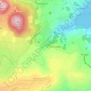 Mapa topográfico cascade de Veyréras, altitud, relieve