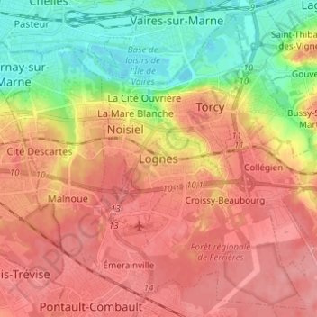 Mapa topográfico Lognes, altitud, relieve