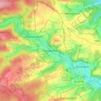 Mapa topográfico Trossenfurt, altitud, relieve