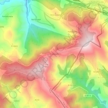 Mapa topográfico O Cebreiro, altitud, relieve