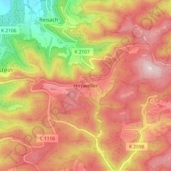 Mapa topográfico Hirrweiler, altitud, relieve