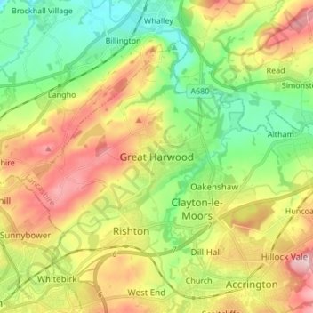 Mapa topográfico Great Harwood, altitud, relieve