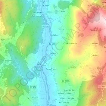 Mapa topográfico O Coedo, altitud, relieve