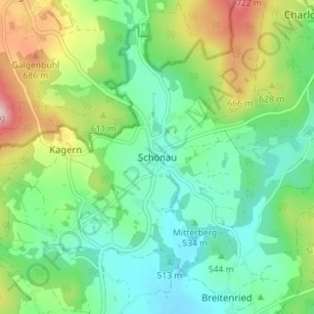 Mapa topográfico Schönau, altitud, relieve