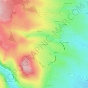 Mapa topográfico Bressanges, altitud, relieve