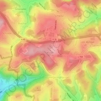 Mapa topográfico Wahlert, altitud, relieve