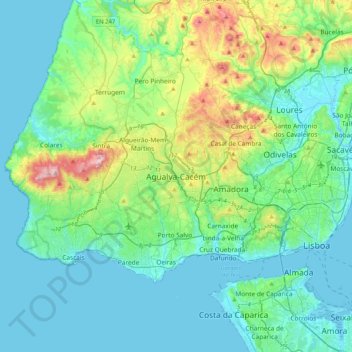 Mapa topográfico Agualva-Cacém, altitud, relieve