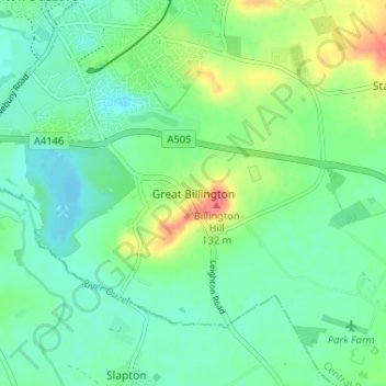 Mapa topográfico Great Billington, altitud, relieve