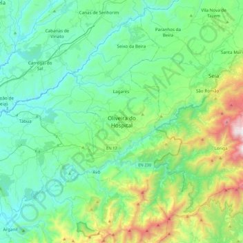 Mapa topográfico Oliveira do Hospital, altitud, relieve