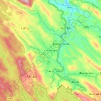 Mapa topográfico Vazhathope, altitud, relieve