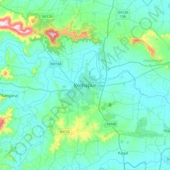 Mapa topográfico Kolhapur, altitud, relieve
