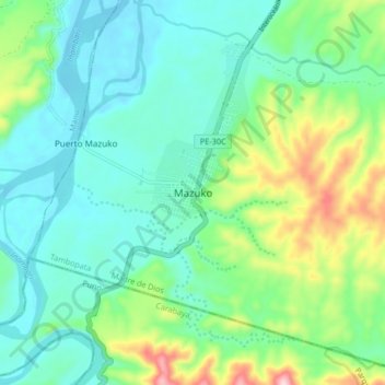 Mapa topográfico Mazuko, altitud, relieve