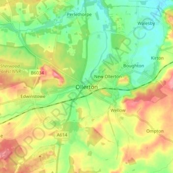 Mapa topográfico Ollerton, altitud, relieve