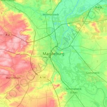 Mapa topográfico Magdeburg, altitud, relieve