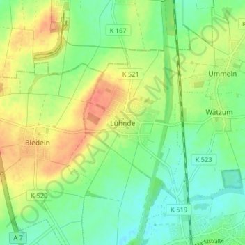 Mapa topográfico Lühnde, altitud, relieve