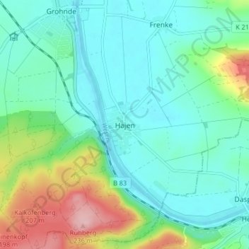 Mapa topográfico Hajen, altitud, relieve