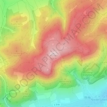 Mapa topográfico Homert, altitud, relieve
