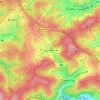 Mapa topográfico Oberschelden, altitud, relieve