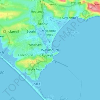 Mapa topográfico Weymouth, altitud, relieve