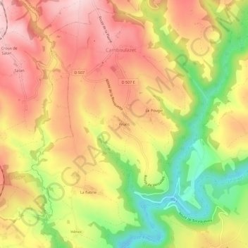 Mapa topográfico Pruns, altitud, relieve