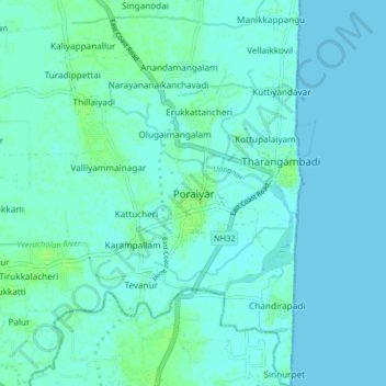 Mapa topográfico Poraiyar, altitud, relieve