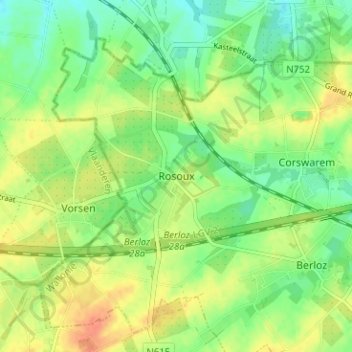 Mapa topográfico Rosoux, altitud, relieve