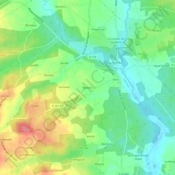 Mapa topográfico Mazeau, altitud, relieve