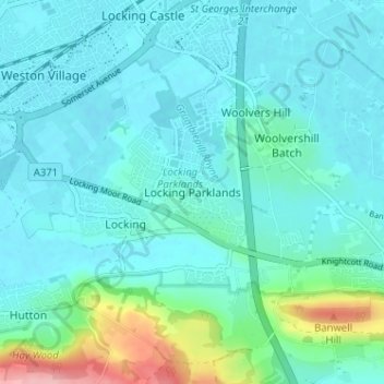 Mapa topográfico Locking Parklands, altitud, relieve
