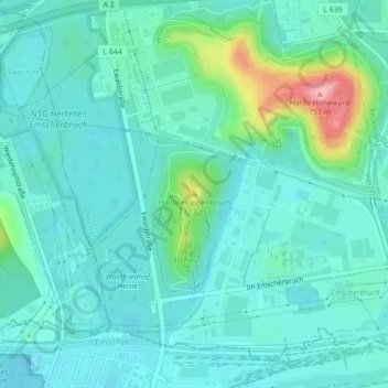 Mapa topográfico Halde Hoppenbruch, altitud, relieve