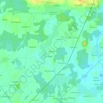 Mapa topográfico Kerdrain, altitud, relieve