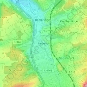 Mapa topográfico Riederich, altitud, relieve