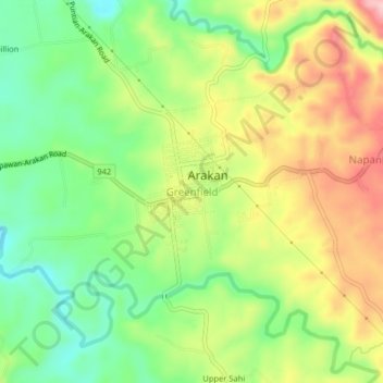 Mapa topográfico Greenfield, altitud, relieve