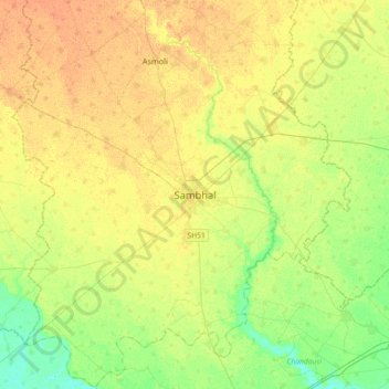 Mapa topográfico Sambhal, altitud, relieve