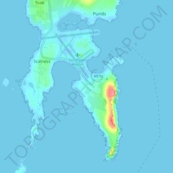 Mapa topográfico Sumburgh, altitud, relieve