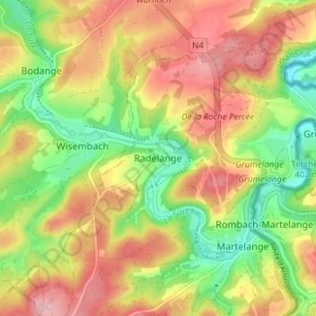 Mapa topográfico Radelange, altitud, relieve