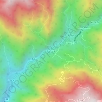 Mapa topográfico Riverside, altitud, relieve