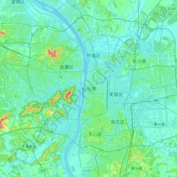 Mapa topográfico Changsha, altitud, relieve