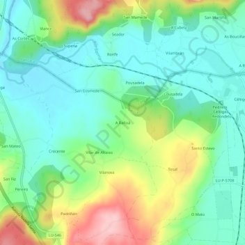 Mapa topográfico A Rañoá, altitud, relieve