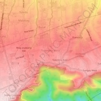Mapa topográfico Tolentino West, altitud, relieve
