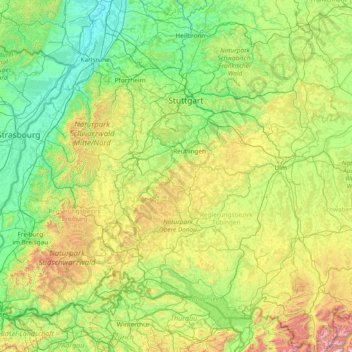 Mapa topográfico Württemberg, altitud, relieve