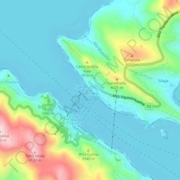 Mapa topográfico San Pablo de Tiquina, altitud, relieve